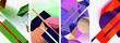 A collage of vibrant geometric shapes in purple, violet, magenta, and electric blue on a white background. This modern art piece features triangles, rectangles, and a bold pattern