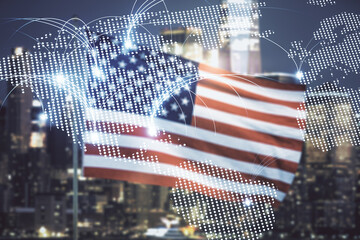 Poster - Abstract graphic digital world map hologram with connections on USA flag and blurry skyscrapers background, globalization concept. Multiexposure