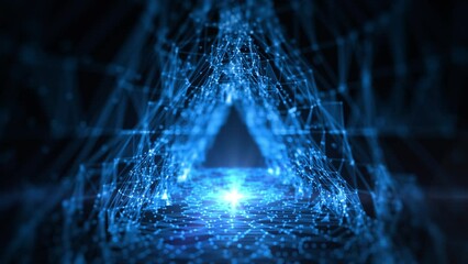 Poster - Technology concept big data network, Tunnel triangle with dot and lines dark blue abstract background. animation 4k, 3d rendering.