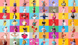 Collage of many sporty women on color background