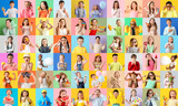 Fototapeta Mapy - Big collage of emotional little children on color background