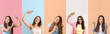 Collage of beautiful women with hair sprays on color background