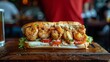 A clean fried shrimp atop a homemade po boy sandwich laid out over a wooden a serving piece platter over a wooden stove top setting and space, Generative AI.