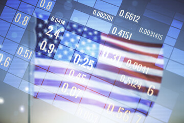 Poster - Abstract virtual stats data hologram on USA flag and sunset sky background. Multiexposure