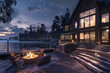 A 3D render of a lakeside Craftsman house in Minnesota, with a private dock, large windows facing the water, and an inviting fire pit area for chilly evenings under the stars.