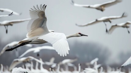 Whooping cranes fly together, migrate somewhere