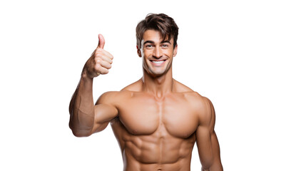 Smiling muscular man flexing his perfect body and biceps muscle, showing thumbs up sign, isolated on transparent background