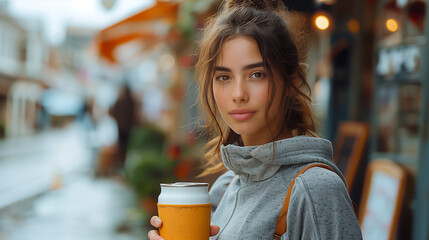 a young woman holding a yellow tumbler on a street, wearing a gray casual outfit 