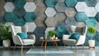 A interior design rendering of a living room with hexagon shaped tiles on the wall in grey and teal colors, add two armchairs and a coffee table
