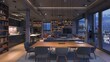 © Haseena - A modern dining table in the center of an open plan apartment with bookshelves and city lights, grey sofa chairs with blue and wood color accents