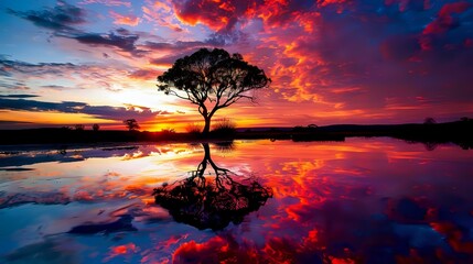 Wall Mural - A stunning sunset over the Australian outback, with vibrant colors reflecting in still water and an isolated tree silhouetted against the sky