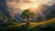 A tree stands in the center of an emerald green grassy valley, surrounded by majestic mountains under the setting sun