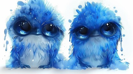 Wall Mural -   A pair of tiny blue birds perched atop a white background, surrounded by droplets of water