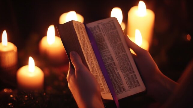 Reading a bible or book from the candlelight.