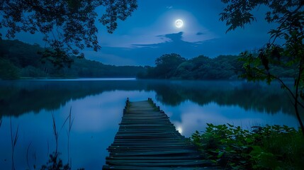 Wall Mural - A wooden dock leads into the moonlit lake, surrounded by lush greenery and reflecting on the calm waters
