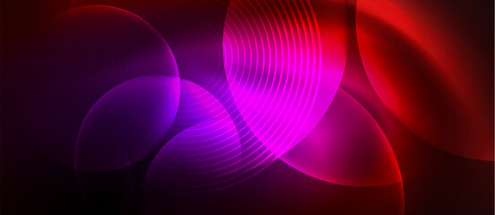 Poster - An artistic display of glowing circles in shades of purple, violet, pink, and magenta on a dark background, creating a colorful and vibrant scene reminiscent of electric blue gas in water