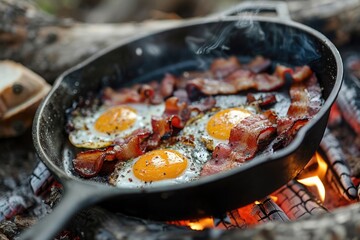Wall Mural - Camping breakfast with bacon and eggs in a cast iron skillet. Fried eggs with bacon in a pan in the forest. Food at the camp. Scrambled eggs with bacon on fire. Picnic