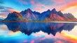 Icelandic vest sacred mountain Stokksnes, reflecting the mountains in the water, colorful sky at sunset