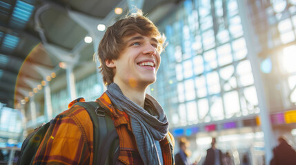 Wall Mural - Portrait of a happy young man solo traveler with a backpack inside an airport terminal , backpacker going to an new adventure concept image with copy space