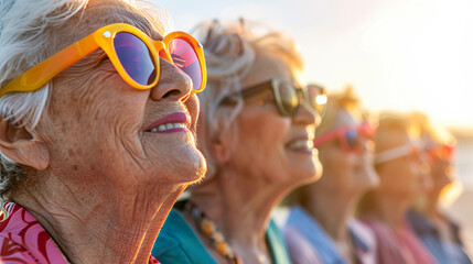 Group of old persons friends wearing sunglasses looking at sunset during summer time , several elderly women retired traveling in holidays background