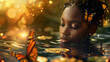© Keitma - A beautiful exotic black african american girl emerging from pound water with plants and beautiful light showing the details of the beauty face in this luxuriant environment