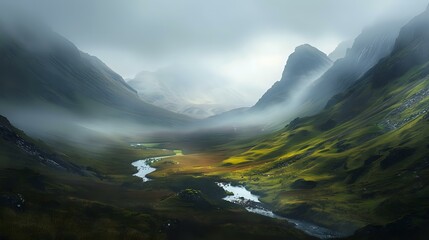 Wall Mural - scene of the Scottish highlands, with misty mountains in soft focus and a winding river leading to an opening that reveals a lake