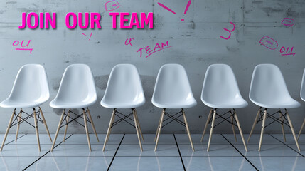 Join our team concept image with chairs to welcome potential newcomers inside the company and recruit them with pink message Join our team on the wall