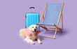 White Labrador dog with travel pillow, armchair and suitcase on lilac background