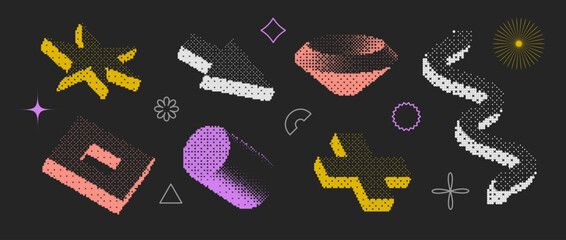 Poster - Bitmap textured shapes set. Dither halftone objects collection. Colorful cylinder, arrow, cross, star, wave, elements for banner, poster, leaflet. Pixelated 3d raster effect bundle. Vector pack