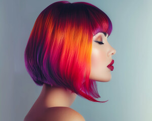 Sticker - A beautiful woman with a colorful straight bob hairstyle,