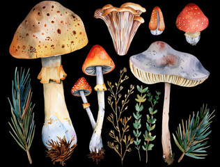 Wall Mural - watercolor set of mushrooms,plants and moss, clipart elements transparent background