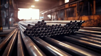 Stainless steel pipes in an industrial warehouse