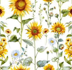 Wall Mural - Watercolor sunflowers and wild flowers pattern, white background, seamless pattern