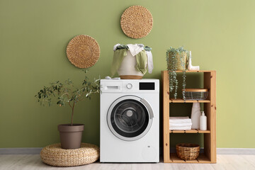 Sticker - Interior of laundry room with basket on washing machine