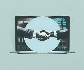 Poster - A minimal and modern collage with two laptop screens facing each other, displaying the hands of business people shaking hand in virtual space, symbolizing online advertising The background is light bl