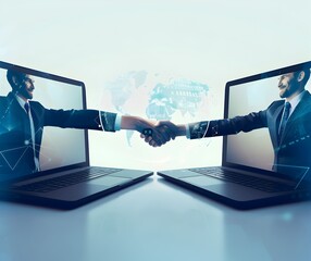 Poster - A minimal and modern collage with two laptop screens facing each other, displaying the hands of business people shaking hand in virtual space, symbolizing online advertising The background is light bl