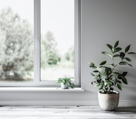 Minimalist interior design composition with natural window light and indoor plants.