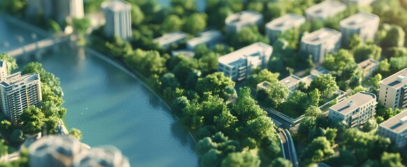 Wall Mural - isometric view of a city with green trees and buildings, using a white color theme, with a tilt shift and bokeh effect. shown from an aerial perspective. generative AI