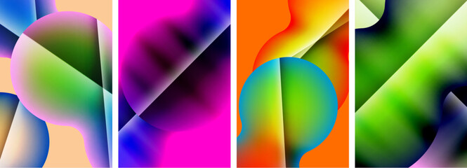 Poster - A vibrant collage featuring rectangles in shades of violet, magenta, and electric blue. Symmetrical patterns and bold fonts create a dynamic art piece full of colorfulness