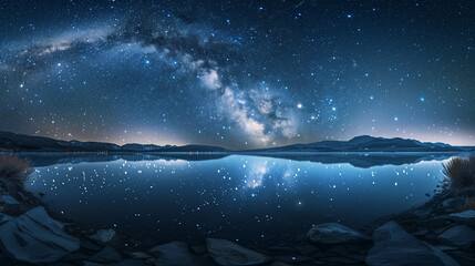 Wall Mural - A sweeping vista of the Milky Way stretches across the night sky, illuminating a serene lake below with millions of stars reflecting on its glassy surface