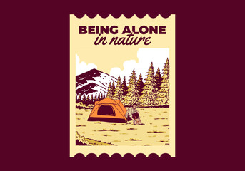 Wall Mural - camping alone in nature. vintage outdoor illustration badge design