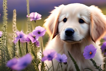 Wall Mural - , golden retriever puppy with big, soulful eyes and a wagging tail, sitting in a field of wildflowers.	