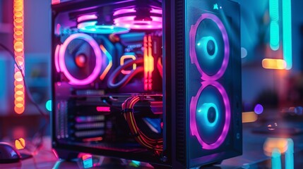 Poster - custom gaming pc build, neon case lights, low angle, performance art