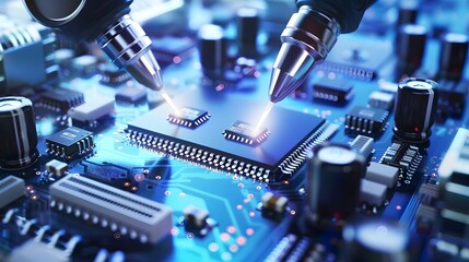 Poster - Closeup View of Microchip and Electronic Circuit Board with Soldering Tools