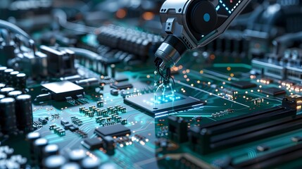 Poster - closeup view of a high tech computer circuit board with soldered components