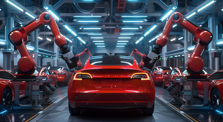 Wall Mural - Futuristic Automotive Manufacturing Facility with Advanced Robotic Assembly Line