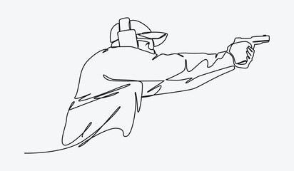 Continuous one line drawing of man holding a gun and firing a shot. Adult men wear hats and earmuffs. shooting practice, competition, sports, shooting club. editable stroke. vector illustration.