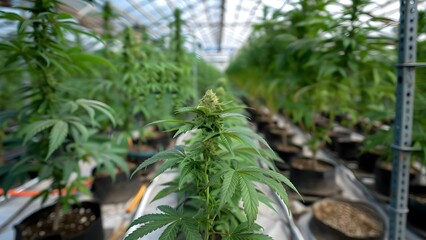 Sticker - CBD oil production line in hydroponic farm with surrounding cannabis plants . Concept Hydroponic Farming, CBD Oil Production, Cannabis Plants, Sustainable Agriculture, Indoor Cultivation