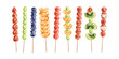 Tanghulu, sugar-coated fruit candies on stick set. Chinese traditional street food. Sweet Asian snacks, strawberry and kiwi Tang hulu skewers. Flat vector illustration isolated on white background