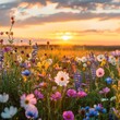 field of wildflowers, backlight scene during sunset